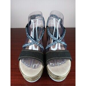 Sbicca Hand Made In California Wedge Sandals  Size 8 Black Tan Braided EUC